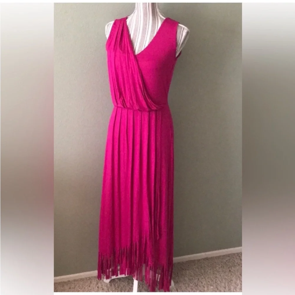 Boston Proper hot pink fringe maxi wrap dress, size Medium - Picture 1 of 5